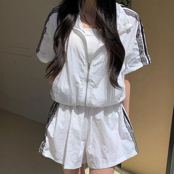 Airy Fit String Contrast Lace Line Training Zip-Up Shorts Set
