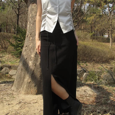 Ribbed long slit skirt (2 colors)