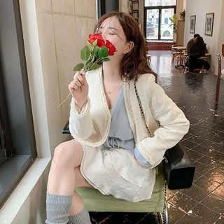 Fever Spring Tweed Jacket Cropped V-Neck Collarless Tassel Boucle Date Look Wedding Guest Look Wedding Guest Jacket