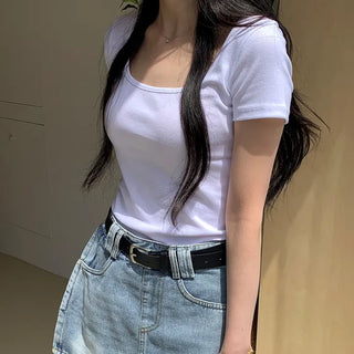 Mode Square Neck Basic Slim Fit Summer Short Sleeve T-shirt