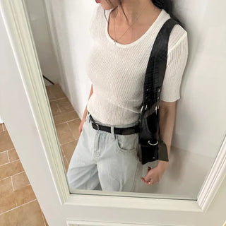 Ribbed Sleeve Boucle Ribbed Slim Short Sleeve Knit