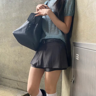 Striped Pleated Micro Skirt-Pants