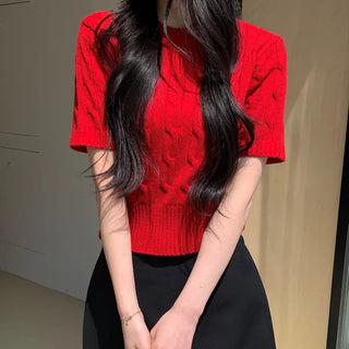 Milk Tea Round Neck Cable Knit Short Sleeve Semi-Crop Knit