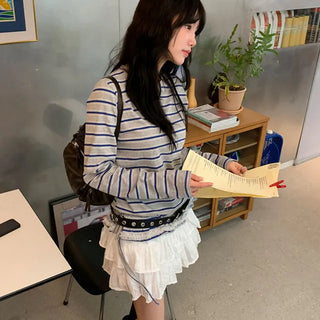 Striped Lace Frill T-shirt 3 colors