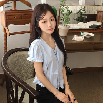 Lena  Frill Sleeve Ribbon Knot Blouse
