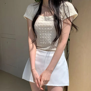 Half Cream Square Neck Short Sleeve T-shirt Set