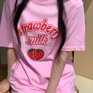 Strawberry Milk Pink Lovely Oversized Lettering Big Size Short Sleeve T-shirt