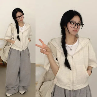 Comfortable to wear, Plain Two-way Semi-Crop Avant-garde Loose Fit Short Sleeve Zip-up Hoodie