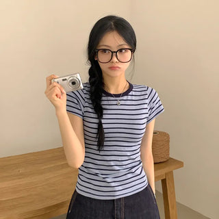 Guaranteed Beauty, Color Block Striped Round Delicate Fit Short Sleeve T-shirt