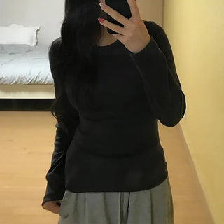 Perrin Shirred U-neck Basic Long Sleeve Tee