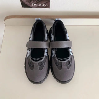◈Cowhide◈String Mary Jane Sneakers Silver Platform Athletic Shoes Gorpcore Balletcore Elastic Velcro Shoes