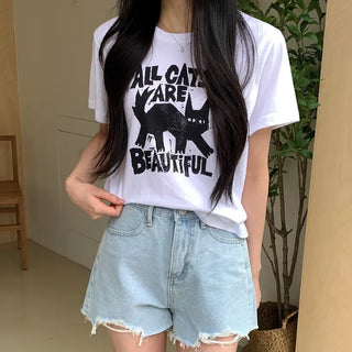 Nero Cat Print Basic Round Neck Summer Short Sleeve T-shirt