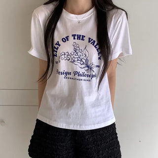 Fluty Print Lettering Basic Summer Short Sleeve T-shirt