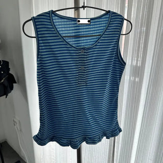Striped Button Frill Sleeveless Top