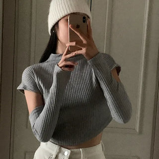 Hachu Ribbed Mock Turtleneck Short Sleeve Warmer Knit T-shirt Set