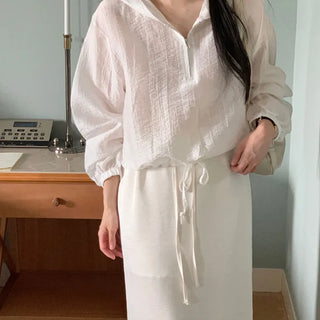 Summer Long-sleeve Hooded String Blouse  Rainy Season Look