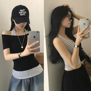 Highly Versatile Halter U-Neck Striped Layered Sleeveless Top
