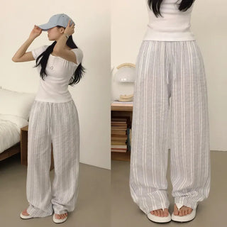 Effortless Chic Mood, Summer Seersucker Elastic Striped Straight Wide Pants