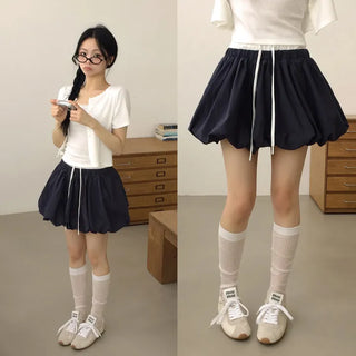 Lovely Mood, Contrast Layered Elastic Pumpkin Volume Mini Skirt