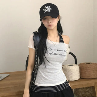 Figure-flattering See-through Gauze Lettering One-Off-Shoulder Delicate Fit Short-Sleeve T-Shirt