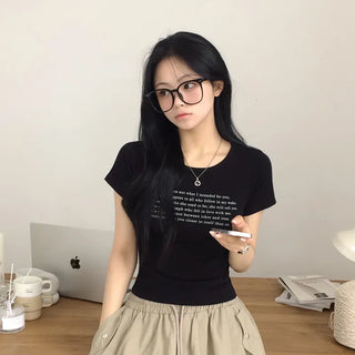 A Spoonful of Hip Mood, Round Neck Lettering Spandex Slim Fit Semi-Crop Short Sleeve T-shirt