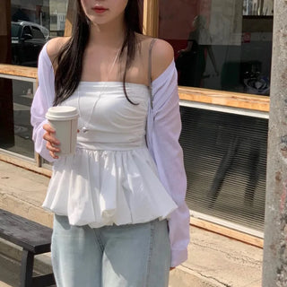 Ronta Smoke Banding Shirred Flare Balloon Tube Top Blouse