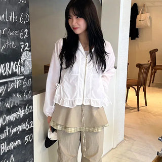 Shirred Frill Windbreaker Zip-Up Hoodie 2 Colors