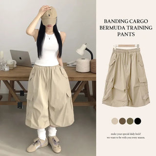 Fit Guaranteed, Rustling Nylon Elastic Waist Big Cargo Parachute Drawstring Wide Training Bermuda Pants
