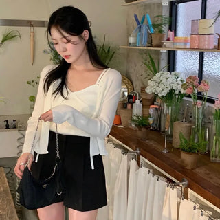 Queenbell Lace Strap Ribbed Knit Cardigan Set