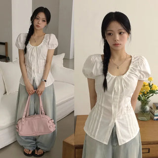 Date Look, Picnic Ribbon U-Neck Shirred Puff Pintuck Cinched Waist Back Ribbon Slim Fit Short Sleeve Shirt Blouse