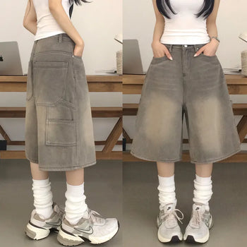 Vintage Sand Washed Mid-Rise Wide Denim Carpenter Strap Knee-length Bermuda Shorts
