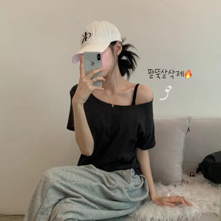 [Delicate/Until midsummer~] Loose-fit off-shoulder summer/spring inner layer plain cotton short-sleeve tee