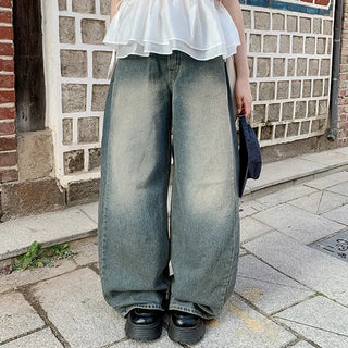 Grooming Washed Wide Denim Pants Non-stretch High-waisted Balloon Jeans Long Pants