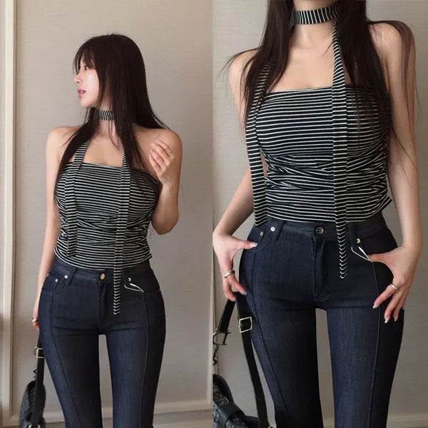 Kilen Stripe Muffler Tube Top [Built-in Cap]