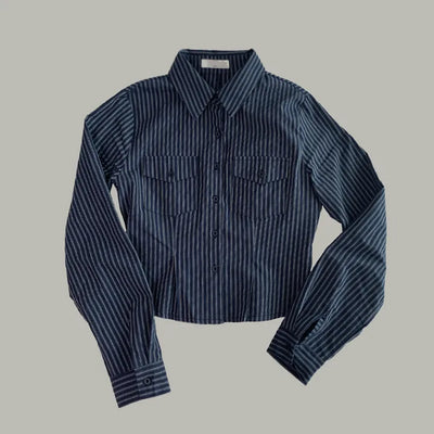 Striped Crop Shirt Pocket Pintuck Dress Shirt Work Look Delicate Fit