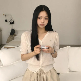 Delicate Linen V-neck Pendant See-through Avant-garde Cinched Delicate Fit Short Sleeve Knit Cardigan