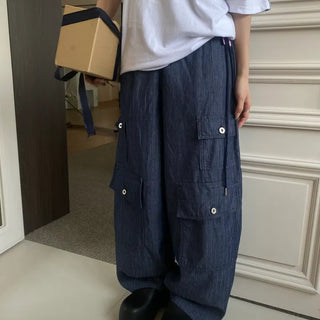 Luev String Cargo Wide Balloon Pants Striped White