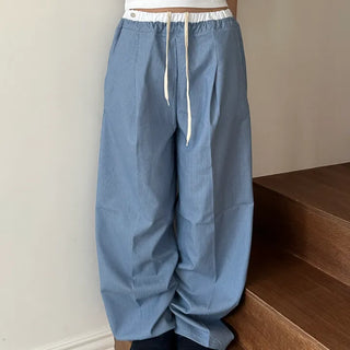 Striped Layered Denim One-Pleat Wide Pants