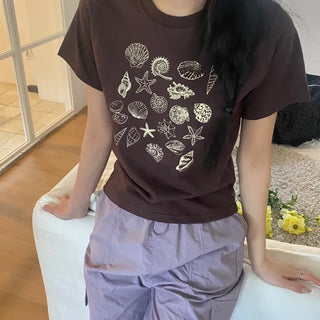 Shell Print Cotton Slim Short Sleeve T-shirt