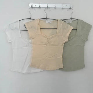 Ella V-Shirring Cap Sleeve Punched Short Sleeve T-Shirring