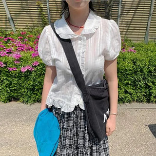 Ruffle Frill Puff Short Sleeve Blouse Summer Shirt