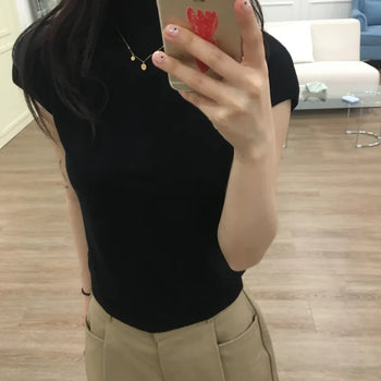Lujo Mock Neck Half Neck Cap Sleeve Short Sleeve Knit