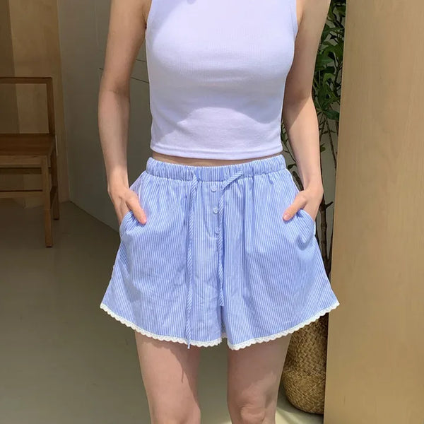 Milky Lace Stripe Ribbon Elastic Pajama Shorts