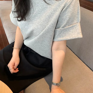 Roll-up Basic Round Neck Short Sleeve T-shirt
