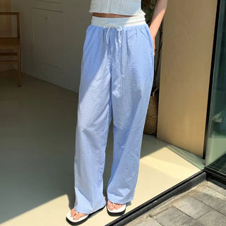 Apple Stripe Color Block Wide Elastic Cotton Pants