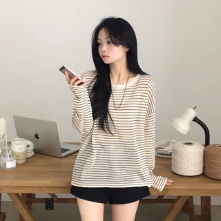 Flowing delicate fit, Summer see-through striped round loose fit long sleeve knit t-shirt