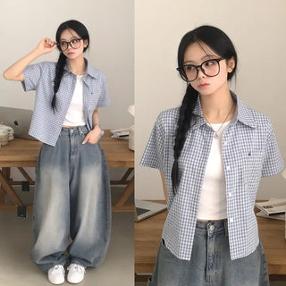 Guaranteed Cuteness, Sky Gingham Small Check Spelling Embroidery Pocket Loose Fit Short Sleeve Shirt