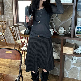 [Wedding Guest Look] Asymmetrical Striped Midi Skirt 2 colors