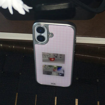 Monmon Pink Check Two-Cut Silver Epoxy iPhone Case