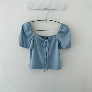 Front Ribbon Colored Ribbed Puff Short Sleeve T-Shirt